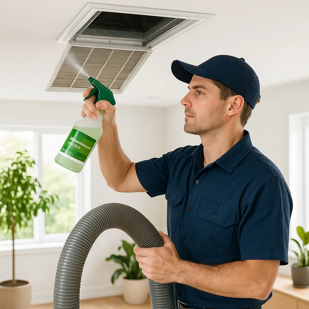 Technician treating mold and odors in Atascocita TX air ducts